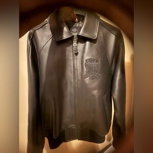 Avirex Black Leather Bomber Jacket with Logo Tag